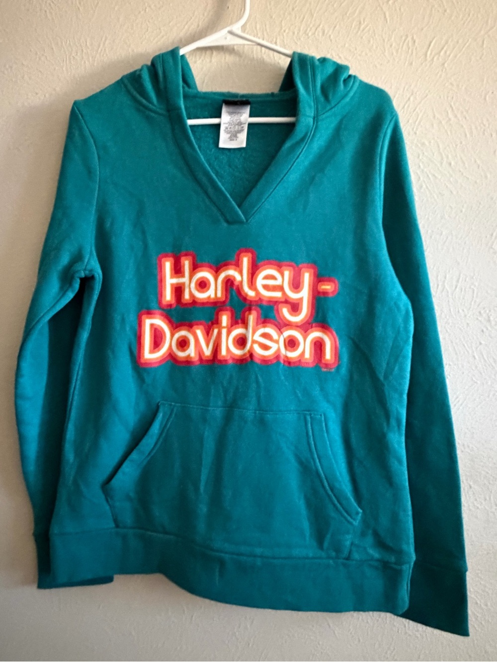 Harley-Davidson Teal V-Neck Hoodie with Retro Logo